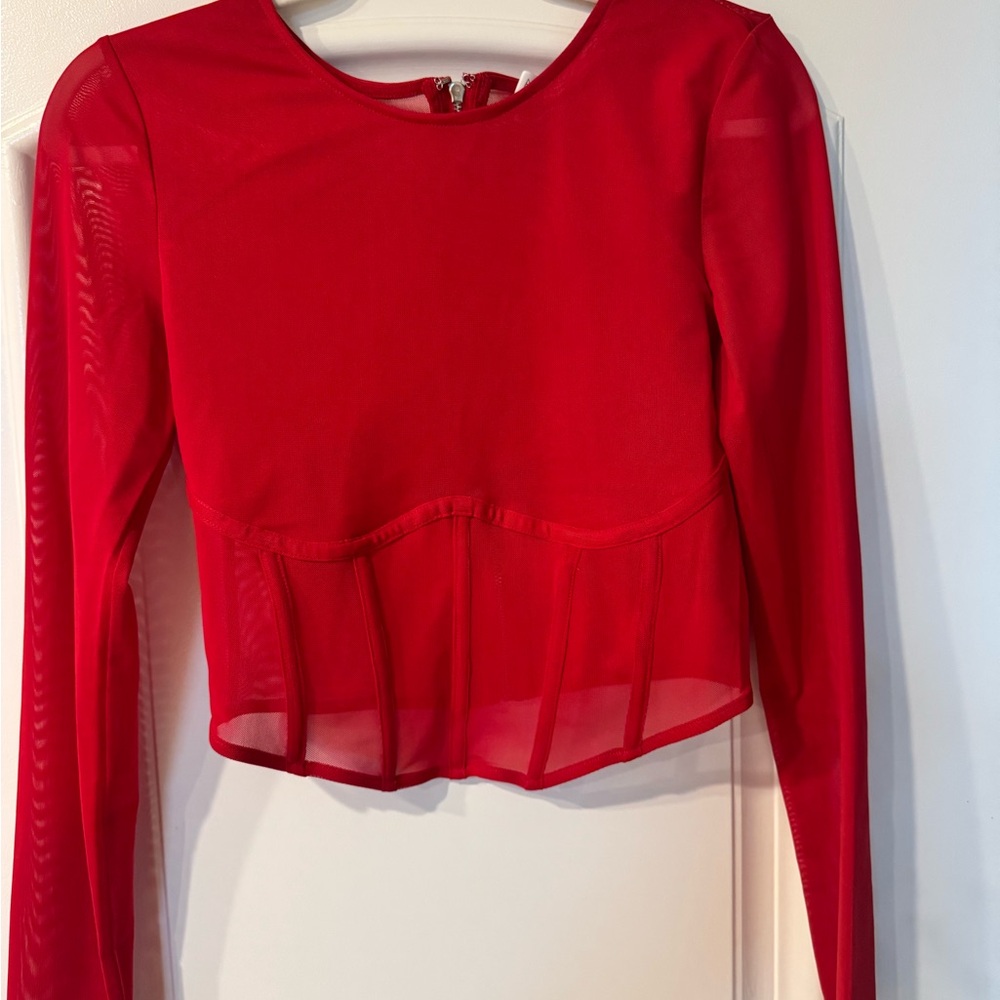 Mesh Red Long Sleeve Women's Top